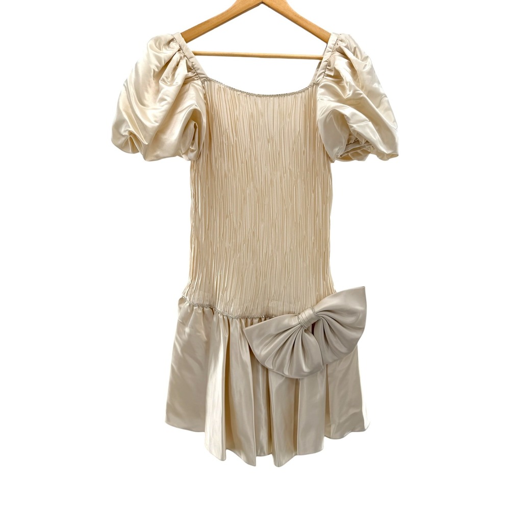 Vintage Cache Ivory Satin Puff Sleeve Bow Mini Dress Prom Coquette 80s Party